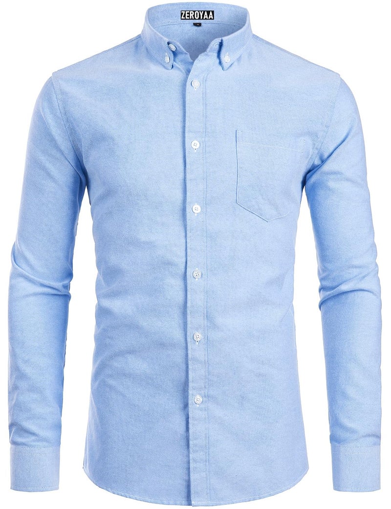 ZEROYAA Men's Hipster Casual Slim Fit Long Sleeve Button Down Oxford Shirts with Chest Pocket Z111 Light Blue Large - Image 1